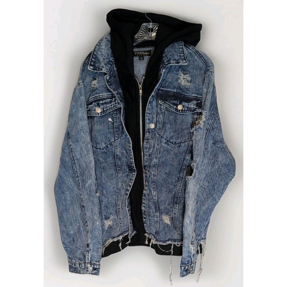 Thrill Jacket Denim Hoodie Women's Sz 3X Hooded Long Sl Zip Distressed L Hoodie